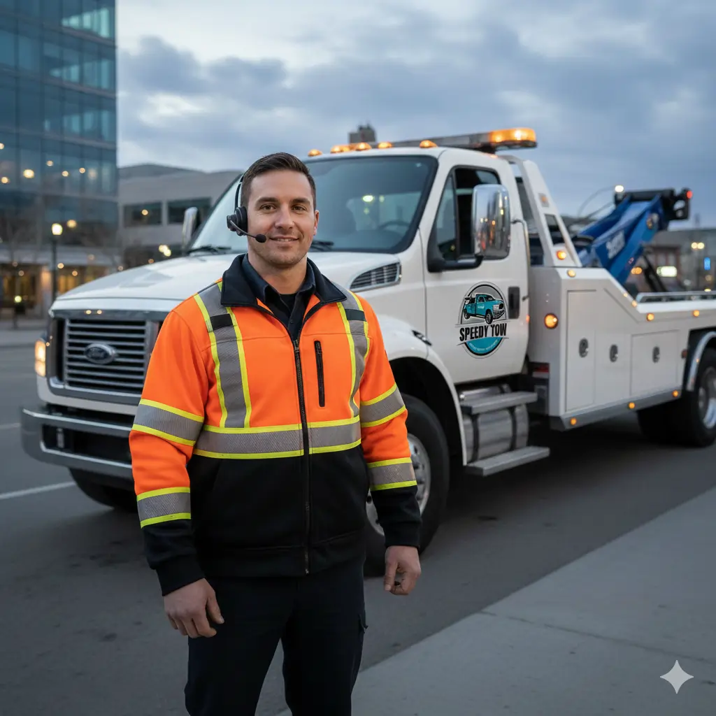 Speedy Tow Calgary professional tow truck driver with emergency roadside assistance vehicle