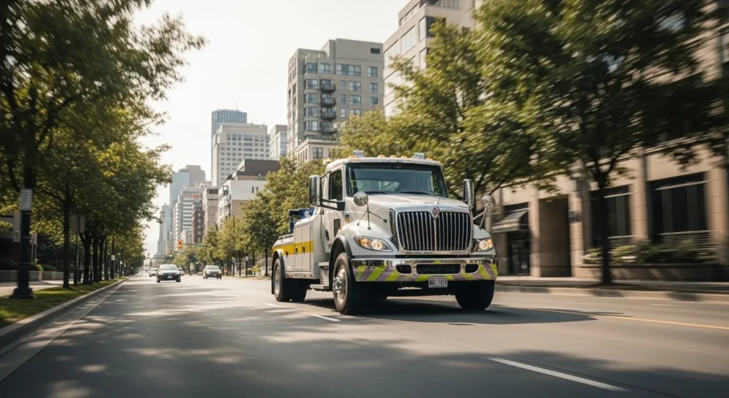 Calgary tow truck driving through downtown providing fast emergency towing service