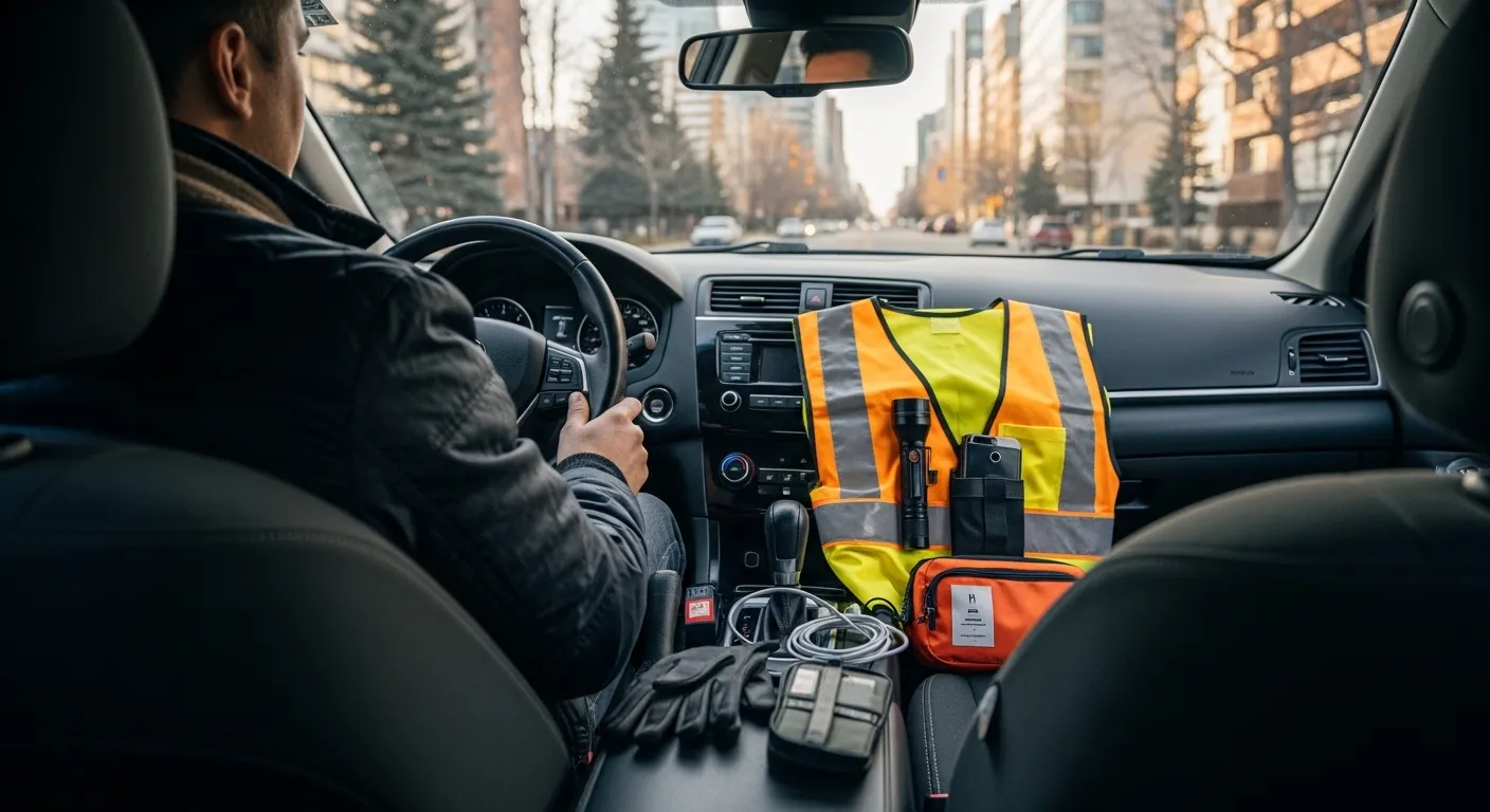 Calgary roadside assistance driver with safety vest and emergency towing equipment inside service vehicle