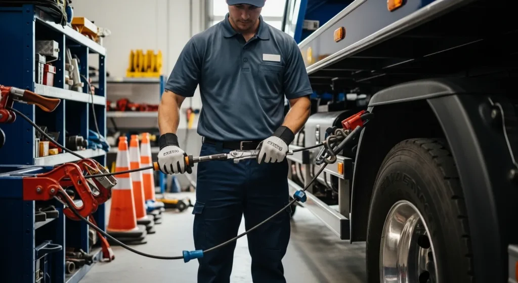 Calgary towing technician preparing roadside assistance equipment and vehicle recovery tools