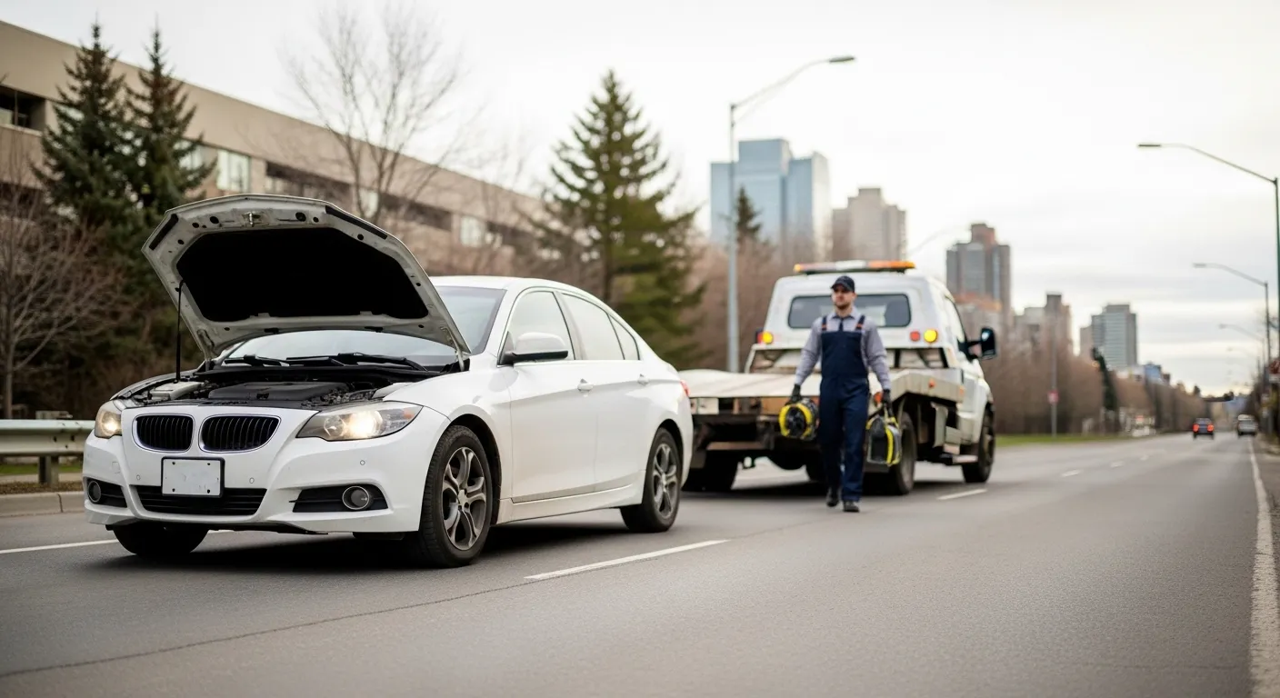 Calgary tow truck assisting broken down car on roadside with professional towing service