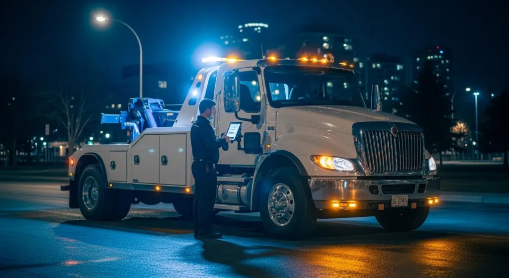 Calgary night tow truck providing 24/7 emergency towing and roadside assistance service