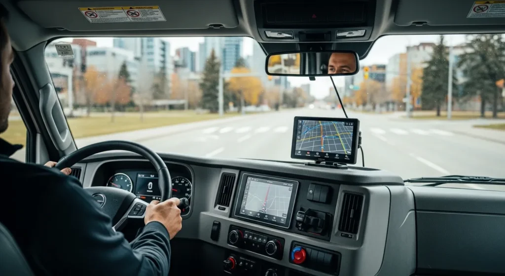 Calgary tow truck driver using GPS navigation while heading for roadside assistance service