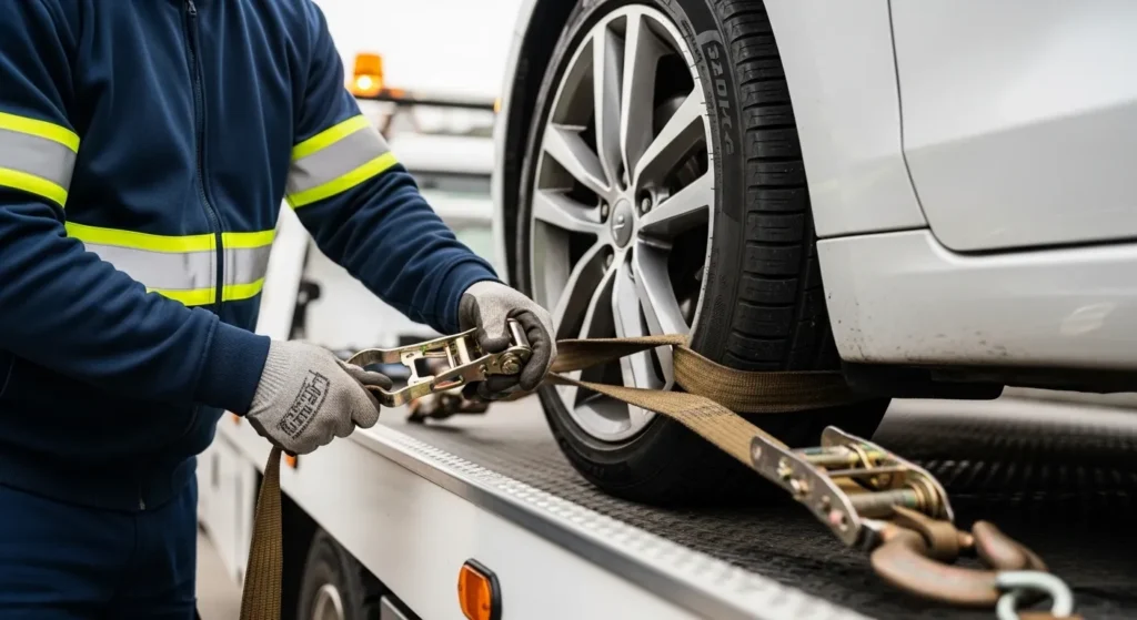 Calgary flatbed towing service securing car wheel with safety straps during vehicle transport
