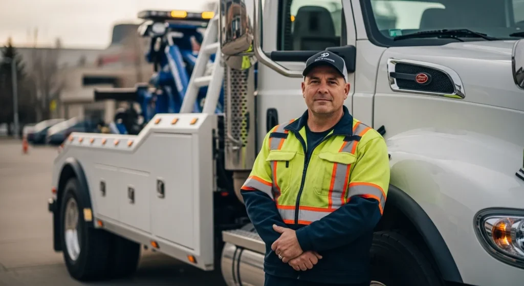 professional Calgary tow truck driver standing beside towing truck ready for roadside assistance
