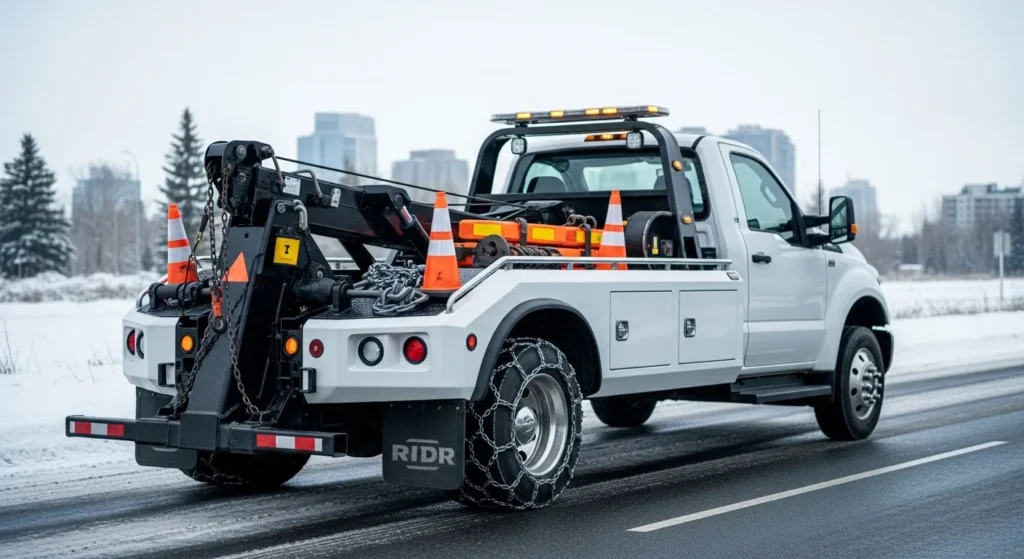 winter tow truck in Calgary providing emergency vehicle towing and roadside assistance in snow