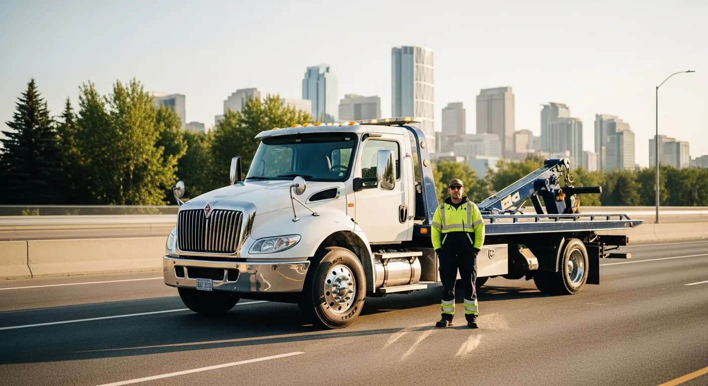 Calgary tow truck driver standing beside flatbed towing truck on city highway
