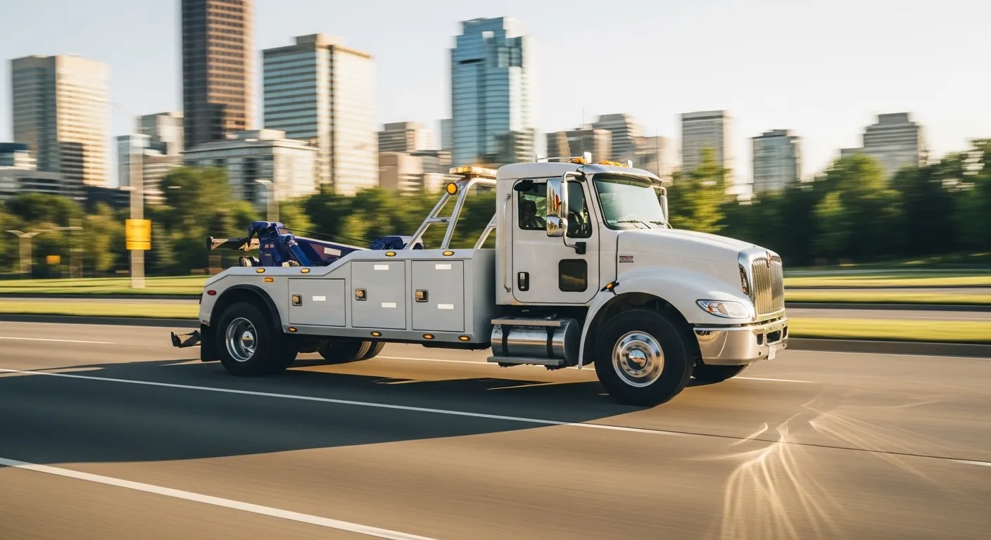 Calgary tow truck driving on city road providing professional vehicle towing service