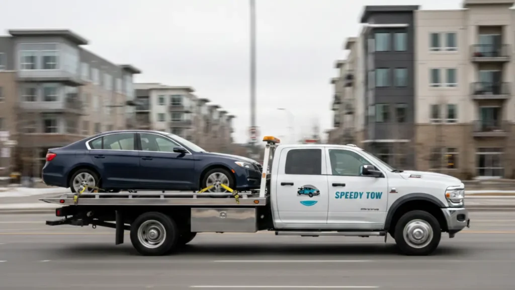 Speedy Tow Calgary flatbed tow truck transporting sedan vehicle in city