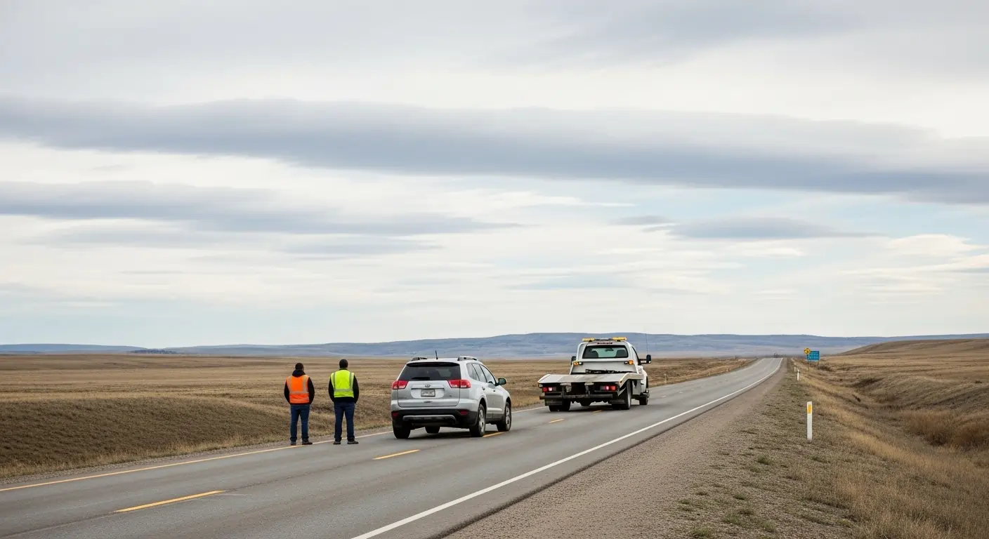 Calgary highway roadside assistance tow truck arriving to help stranded vehicle