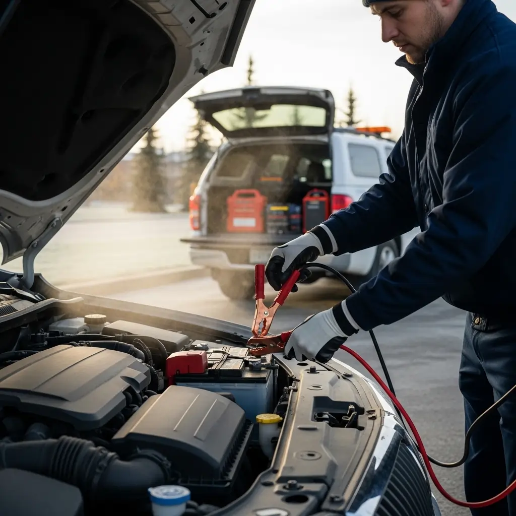 Calgary roadside assistance technician jump starting car battery during emergency service