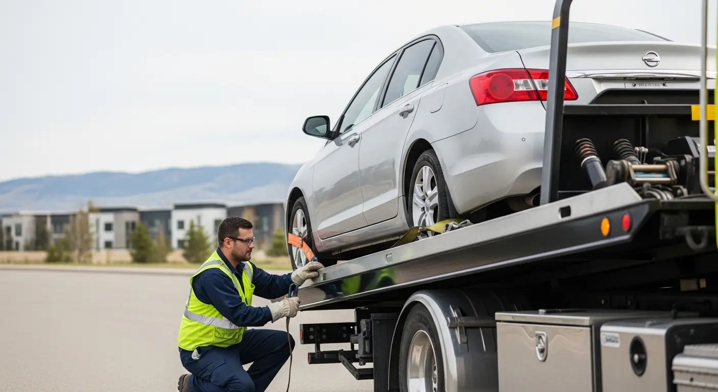Calgary flatbed tow truck loading car with professional vehicle towing service