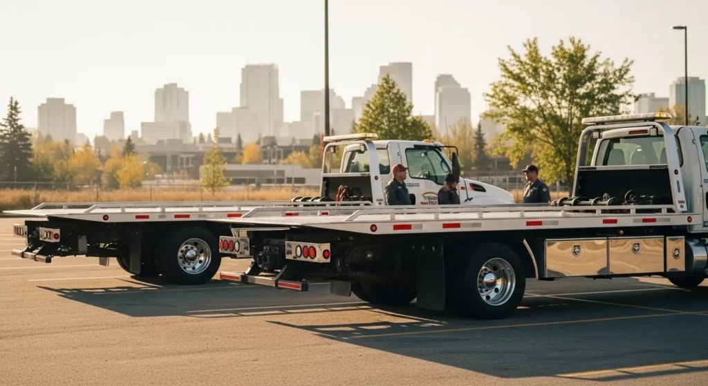 Calgary flatbed tow trucks ready for vehicle towing and roadside assistance services