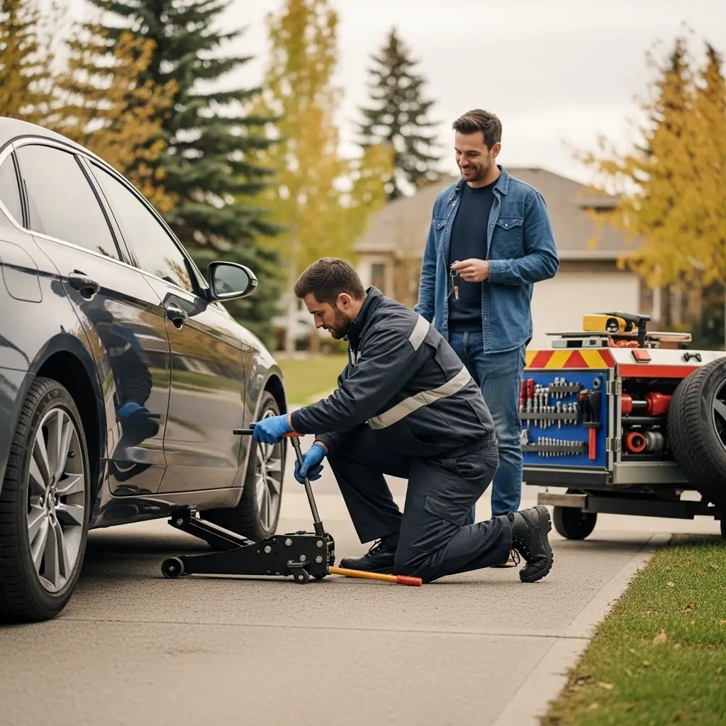 Calgary roadside assistance technician changing flat tire for stranded driver on residential street